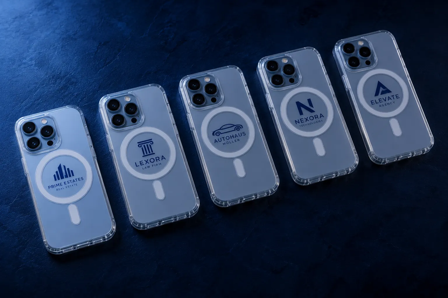 Fünf MOBILUX Hüllen mit Logos verschiedener Branchen – Prime Estates, Lexora Law Firm, Autohaus Müller, Nexora Technologies, Elevate Agency